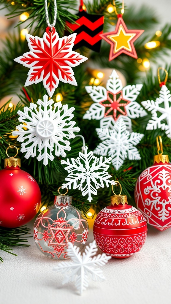 Colorful 3D printed Christmas ornaments in different shapes on a festive background.
